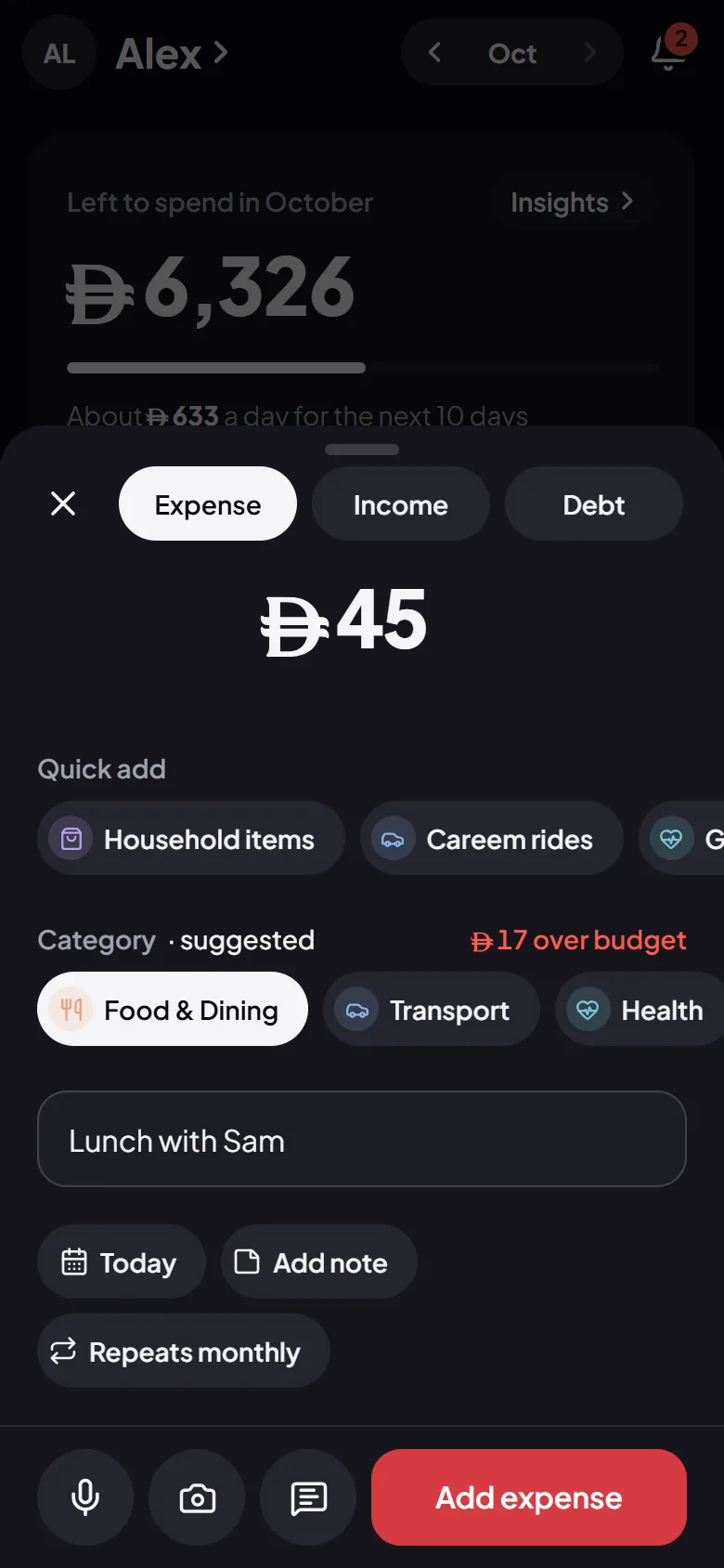 The Add screen in Flo Money: the amount in large figures, a category suggested, and one-tap shortcuts