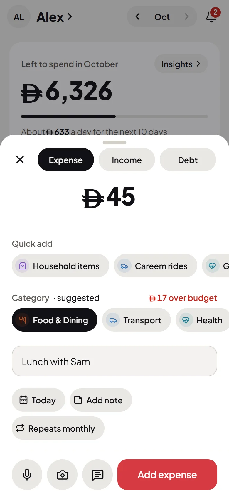 The Add screen in Flo Money: the amount in large figures, a category suggested, and one-tap shortcuts