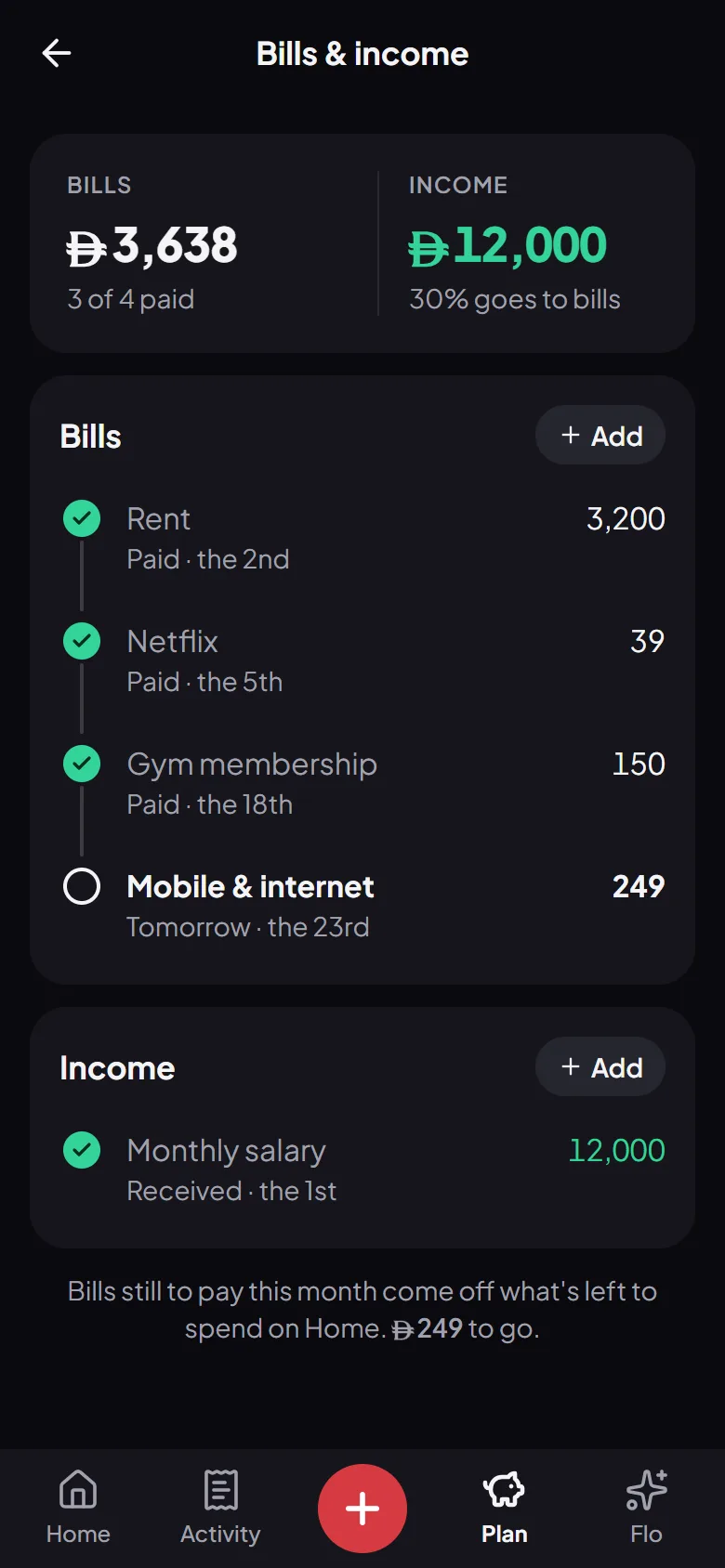 This month’s bills in Flo Money, each ticked off as it’s paid