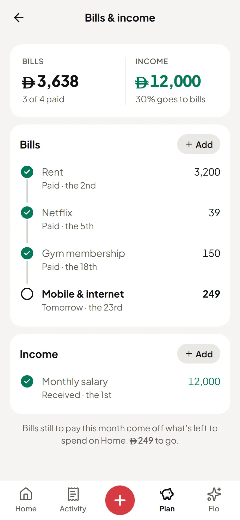This month’s bills in Flo Money, each ticked off as it’s paid