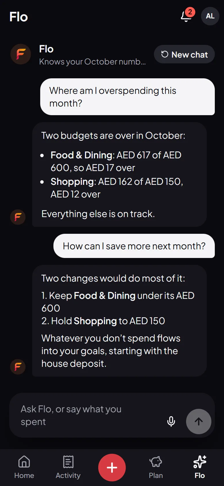 Flo, the AI money assistant, showing which budgets are over this month and how to save more next month