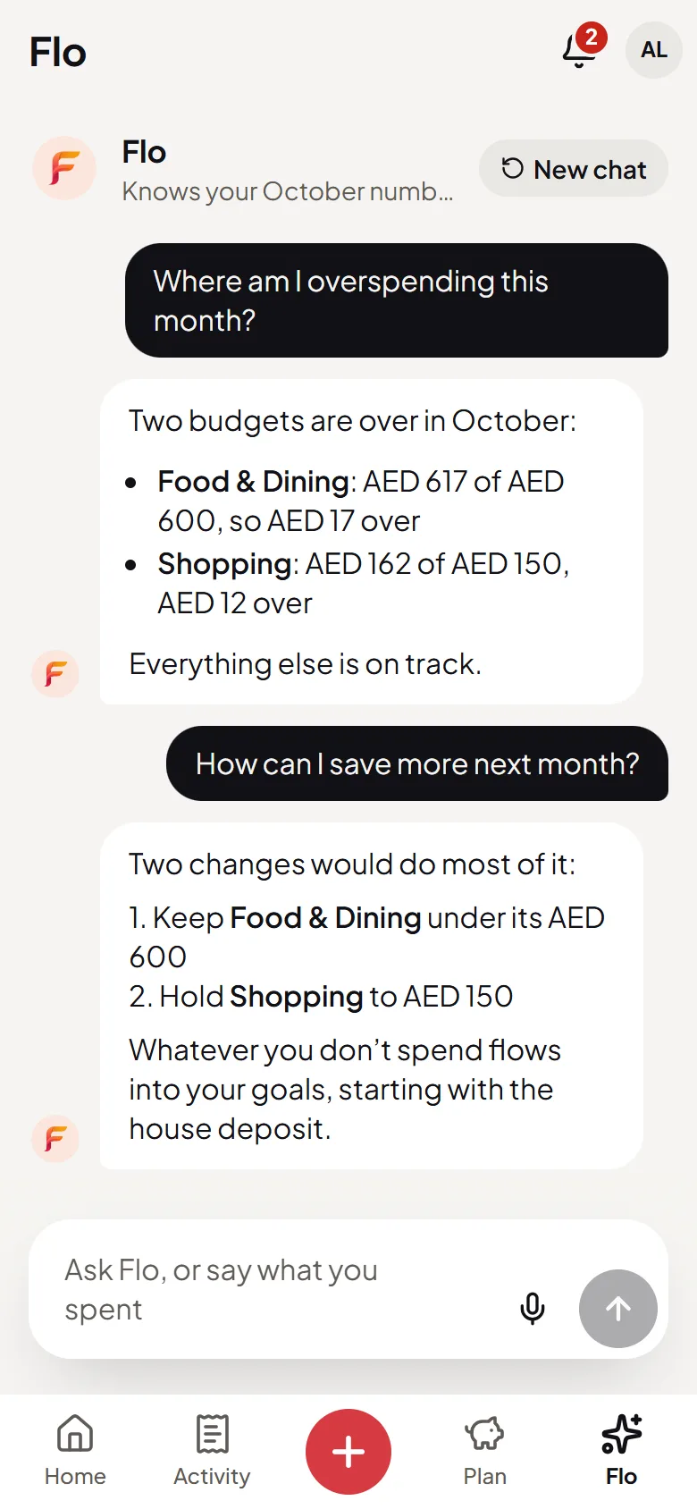 Flo, the AI money assistant, showing which budgets are over this month and how to save more next month