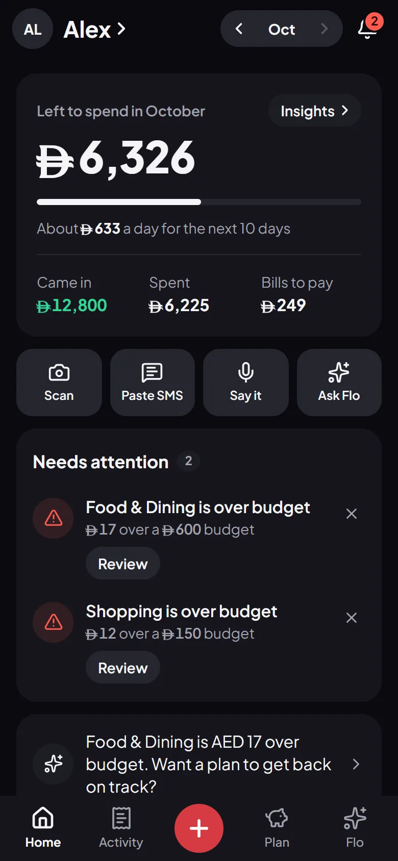 Flo’s Home screen: what is left to spend this month, per day, and the latest spending