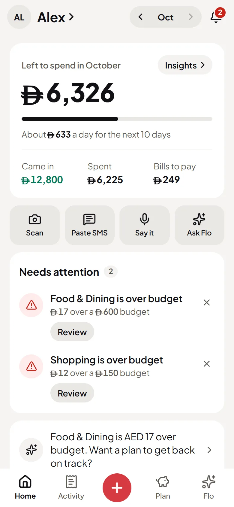 Flo’s Home screen in the light theme