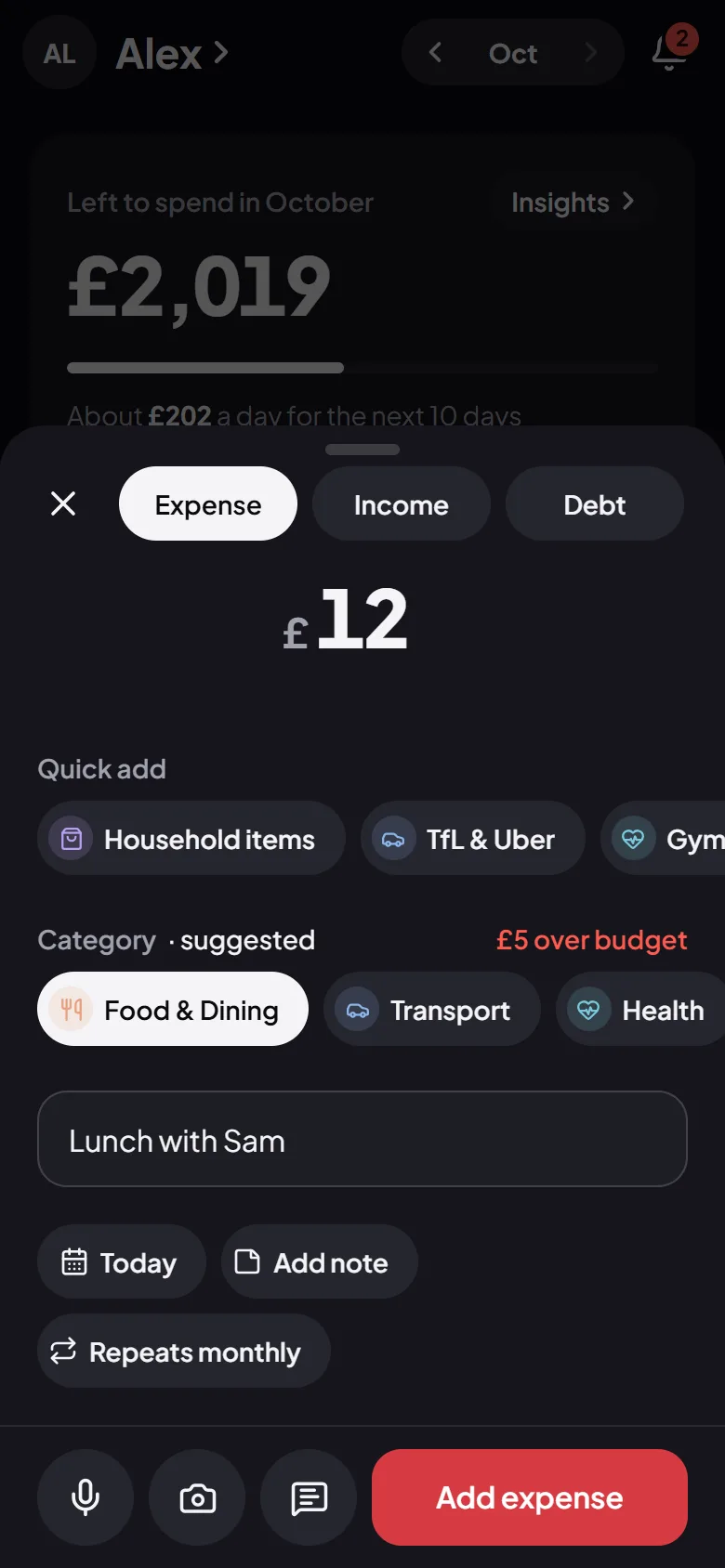 The Add screen in Flo Money: the amount in large figures, a category suggested, and one-tap shortcuts