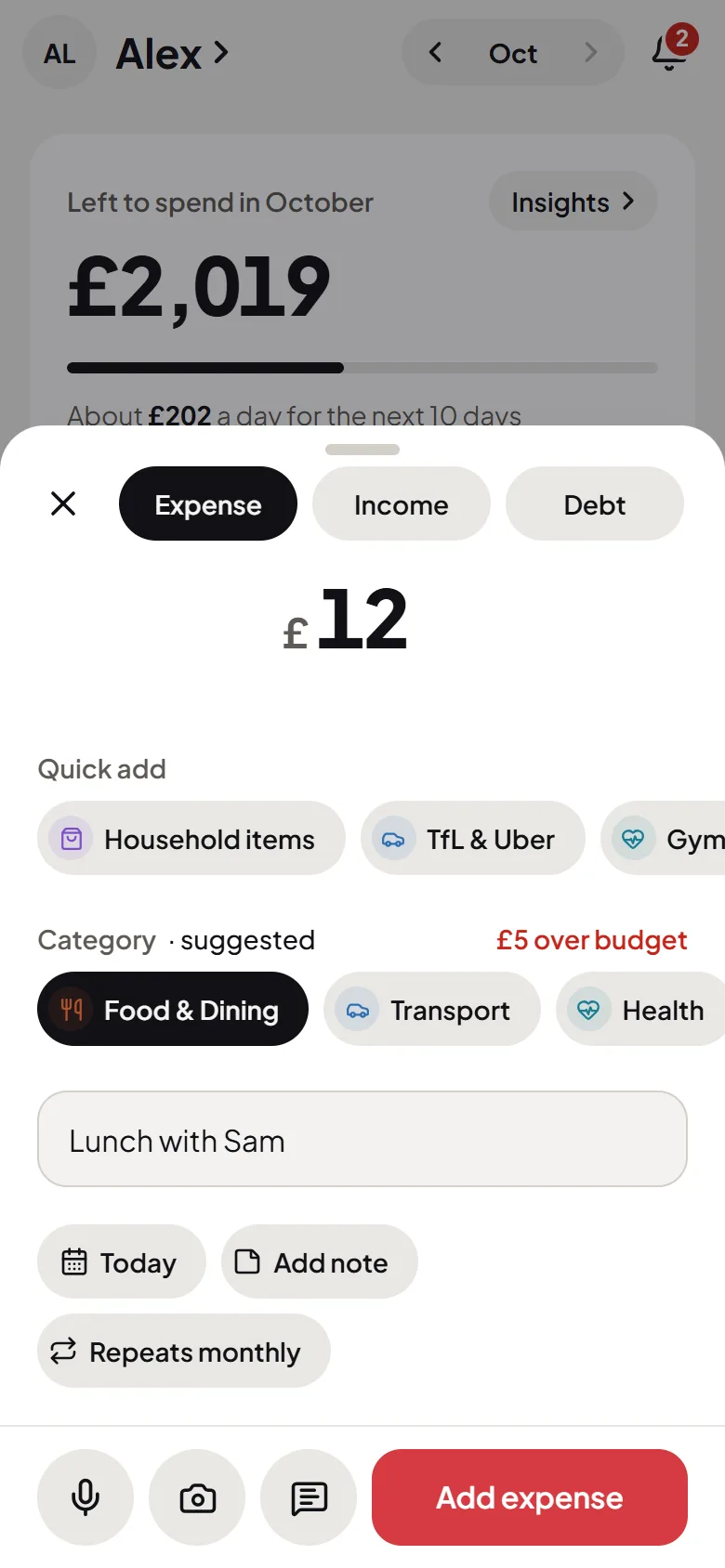 The Add screen in Flo Money: the amount in large figures, a category suggested, and one-tap shortcuts