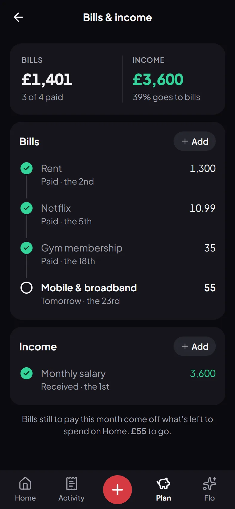 This month’s bills in Flo Money, each ticked off as it’s paid
