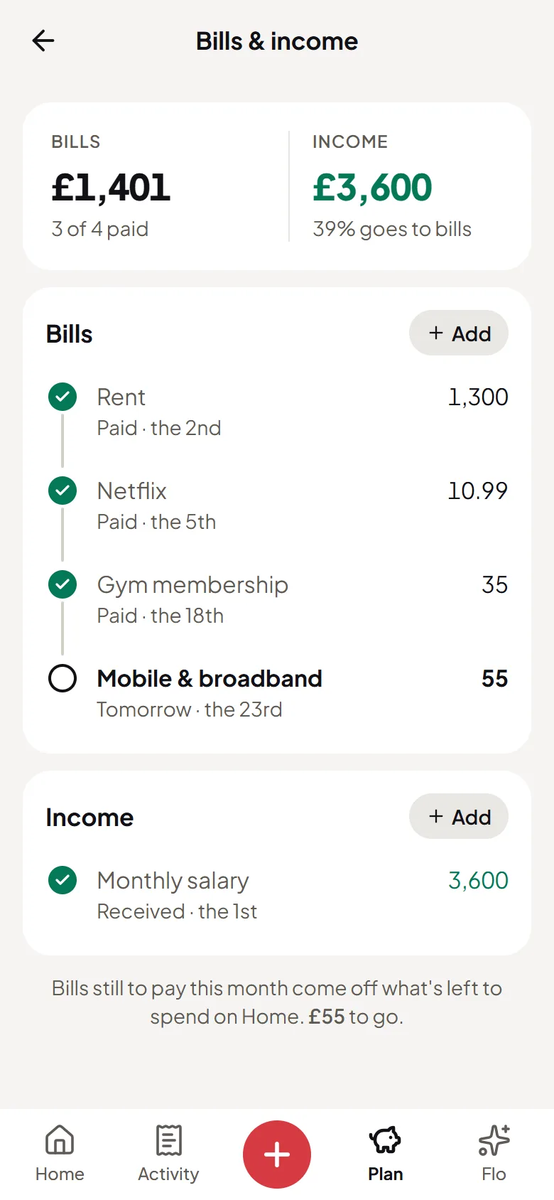 This month’s bills in Flo Money, each ticked off as it’s paid