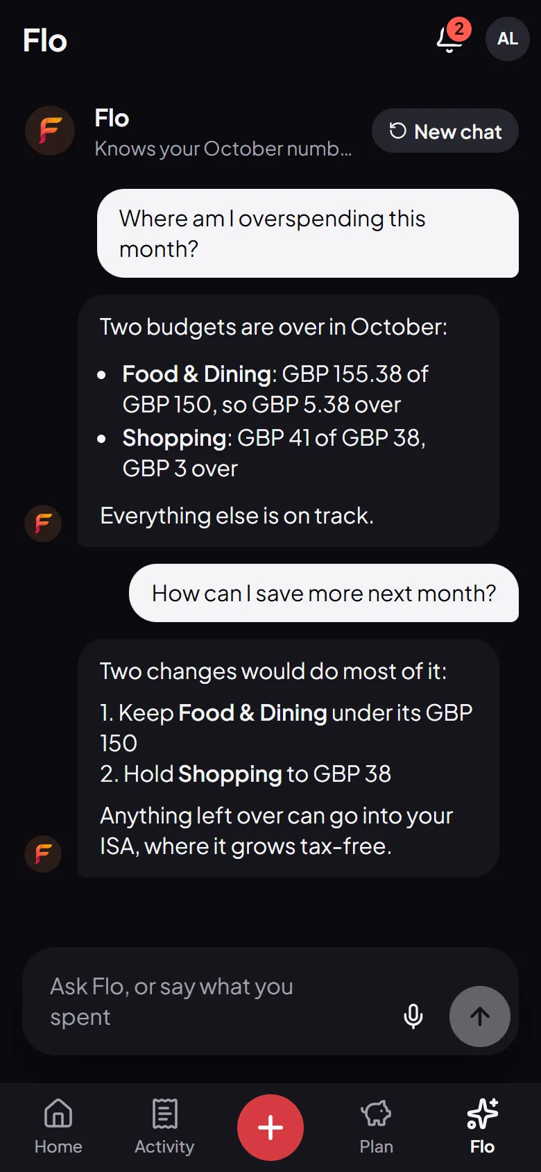 Flo, the AI money assistant, showing which budgets are over this month and how to save more next month