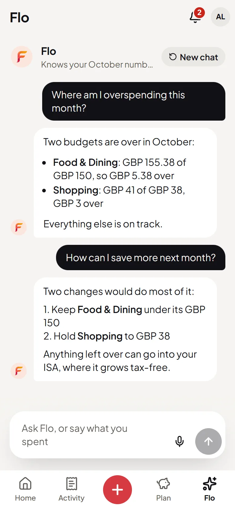 Flo, the AI money assistant, showing which budgets are over this month and how to save more next month