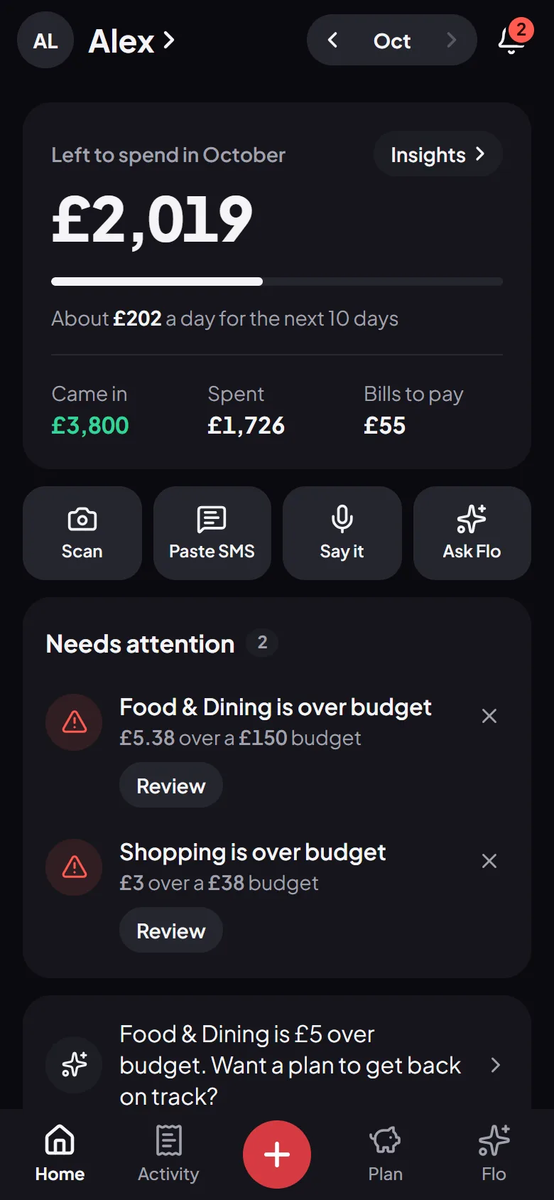 Flo’s Home screen: what is left to spend this month, per day, and the latest spending
