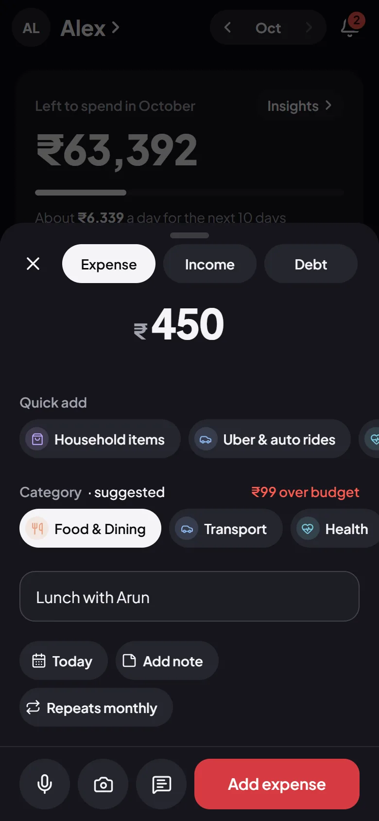 The Add screen in Flo Money: the amount in large figures, a category suggested, and one-tap shortcuts