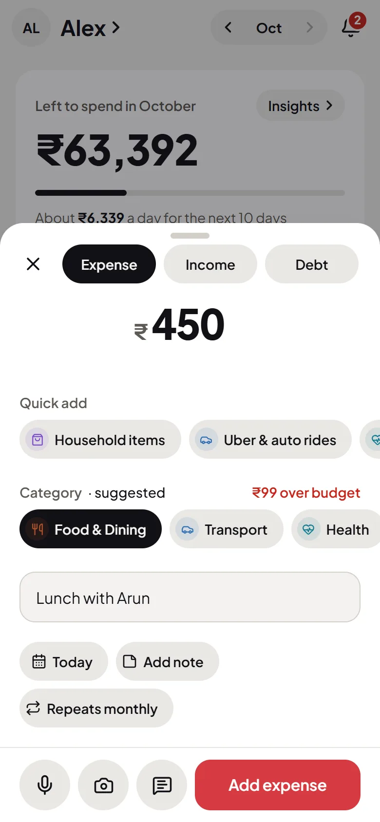 The Add screen in Flo Money: the amount in large figures, a category suggested, and one-tap shortcuts
