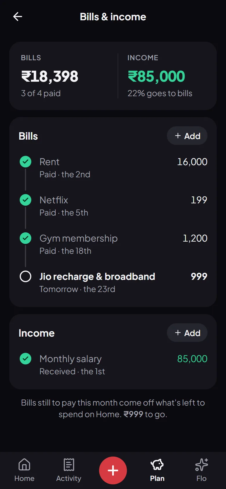 This month’s bills in Flo Money, each ticked off as it’s paid