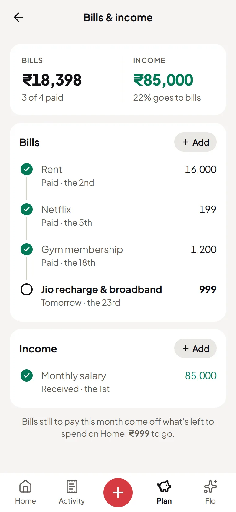 This month’s bills in Flo Money, each ticked off as it’s paid