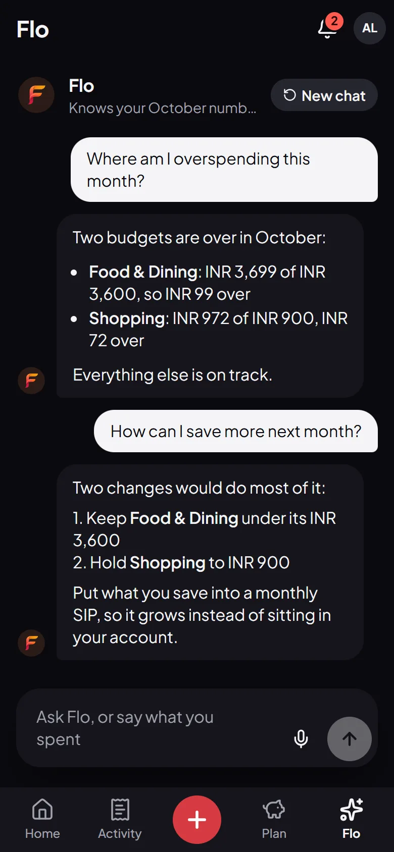 Flo, the AI money assistant, showing which budgets are over this month and how to save more next month