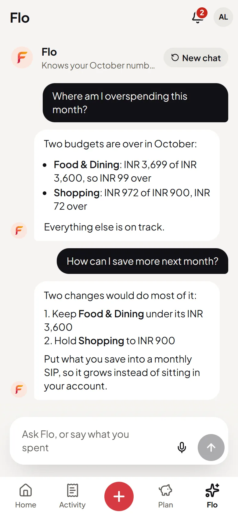 Flo, the AI money assistant, showing which budgets are over this month and how to save more next month