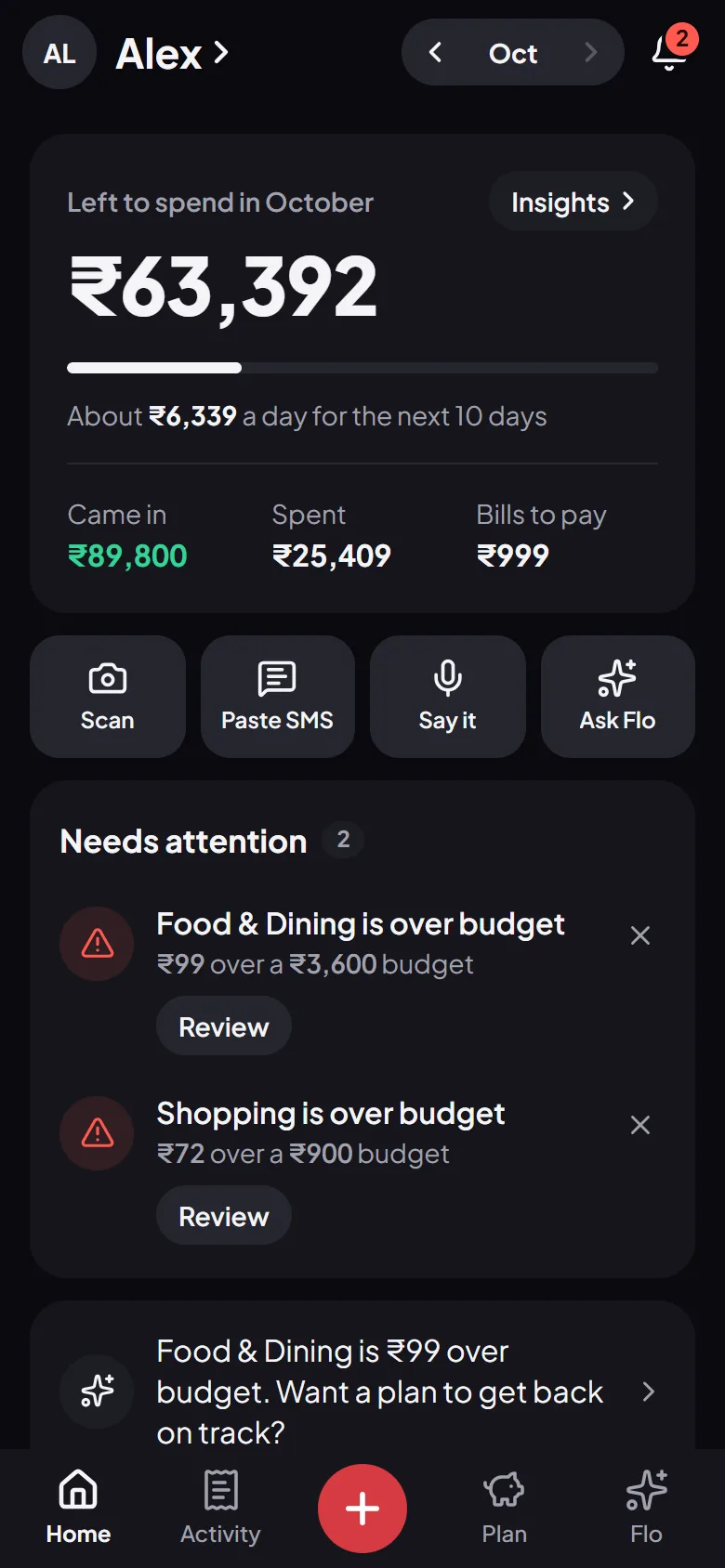 Flo’s Home screen: what is left to spend this month, per day, and the latest spending