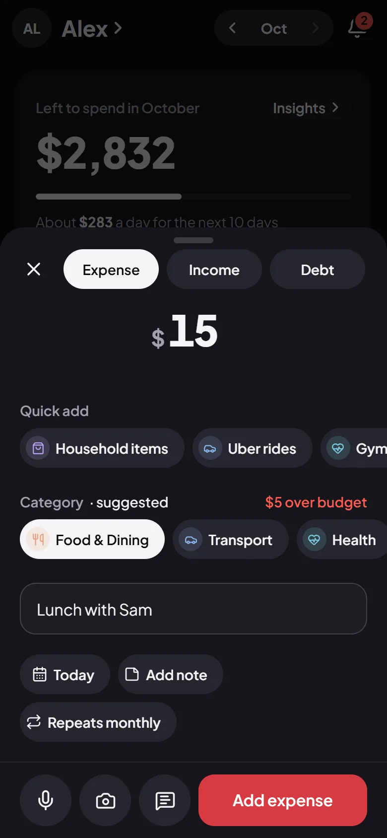 The Add screen in Flo Money: the amount in large figures, a category suggested, and one-tap shortcuts