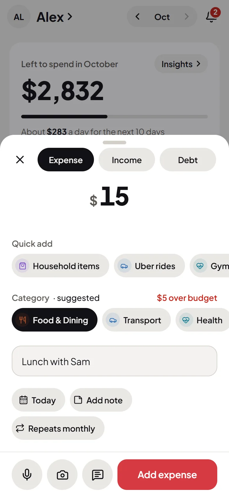The Add screen in Flo Money: the amount in large figures, a category suggested, and one-tap shortcuts