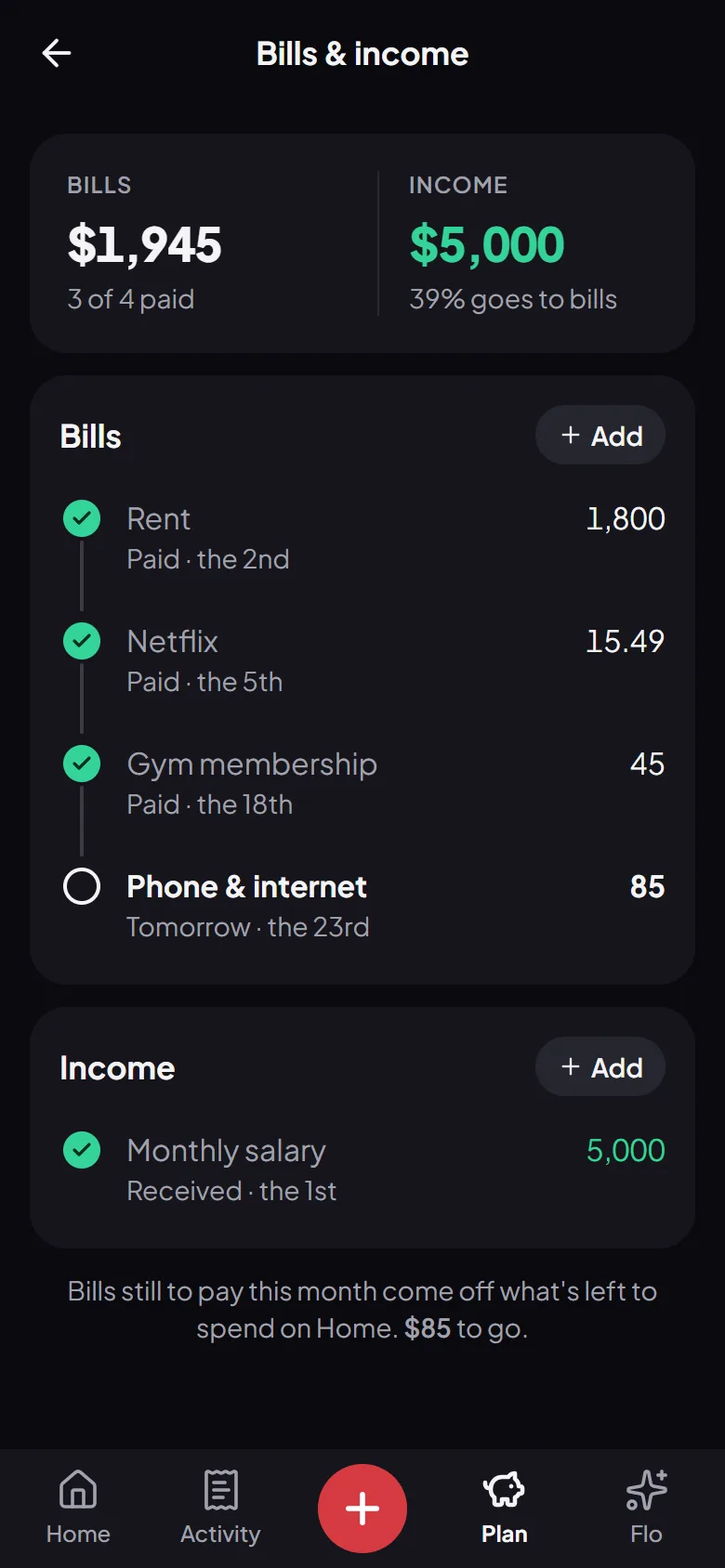 This month’s bills in Flo Money, each ticked off as it’s paid
