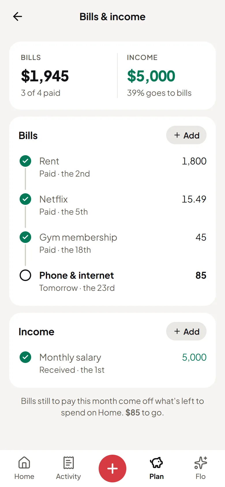 This month’s bills in Flo Money, each ticked off as it’s paid