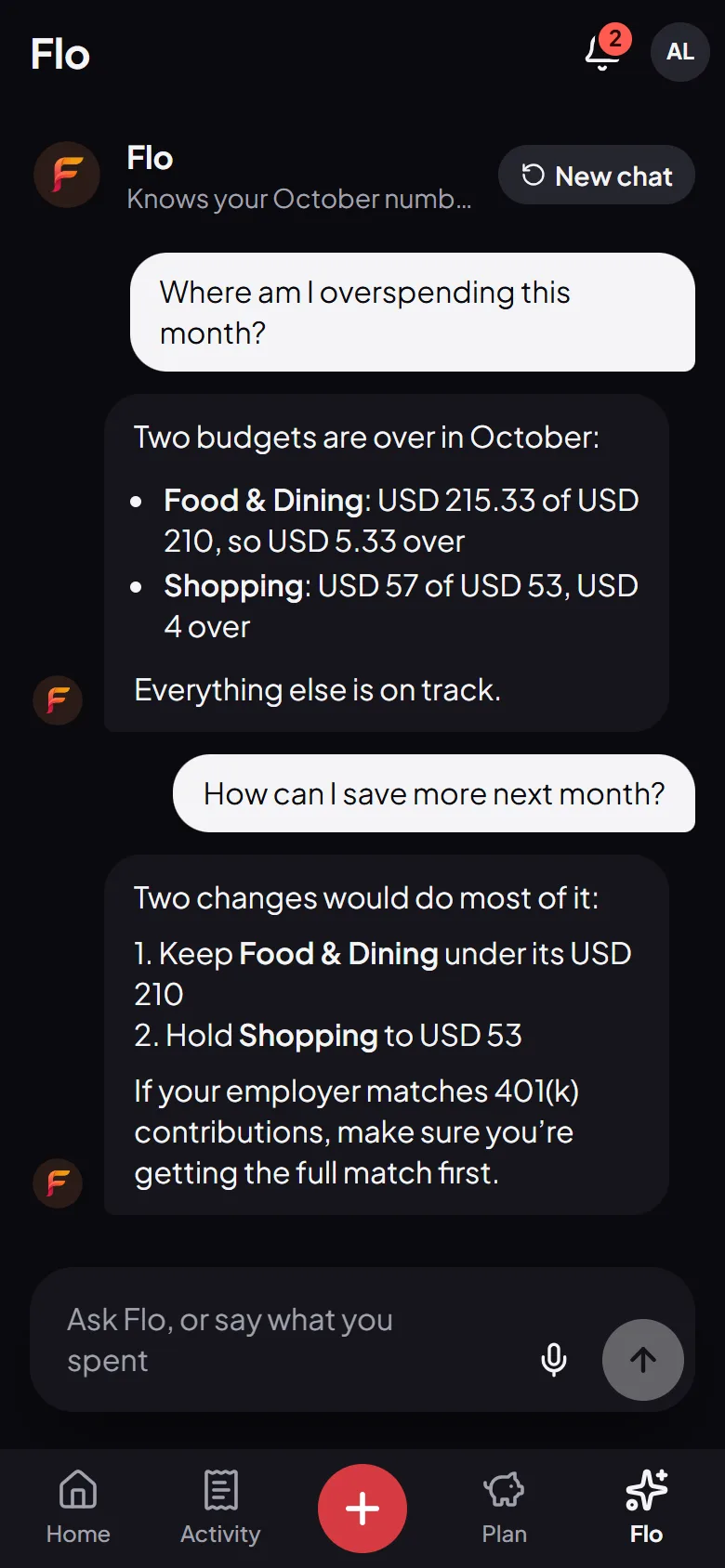 Flo, the AI money assistant, showing which budgets are over this month and how to save more next month