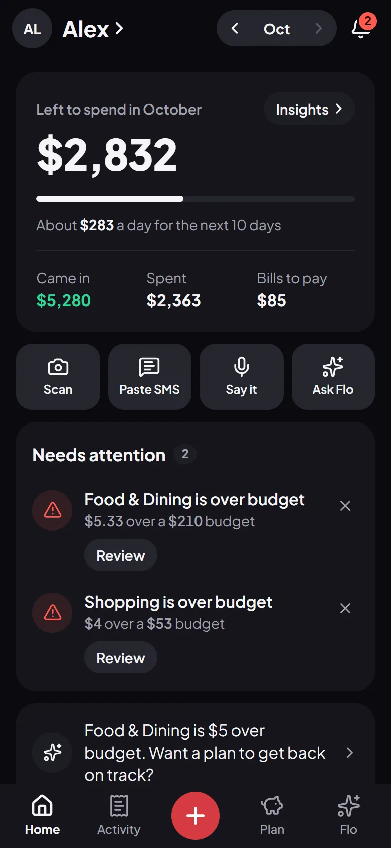 Flo’s Home screen: what is left to spend this month, per day, and the latest spending