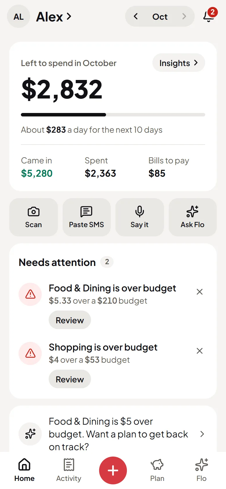 Flo’s Home screen in the light theme
